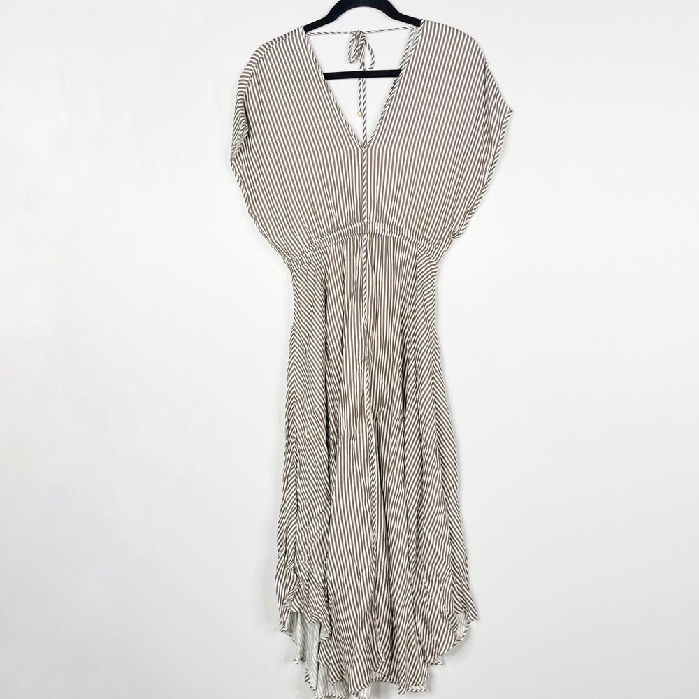 Hale Bob XSmall XS Gadi Twill Striped Midi Dress Taupe White Slit Front Tie Back
